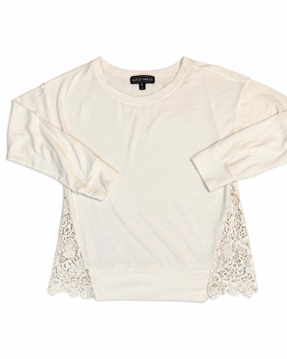 Almost Famous Sweatshirt Size S Cream Lace Panel Long Sleeve Top